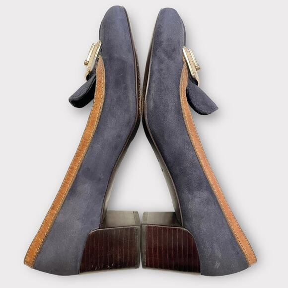 TORY BURCH navy suede & brown leather block career office heels size 7.5 - Picture 5 of 9